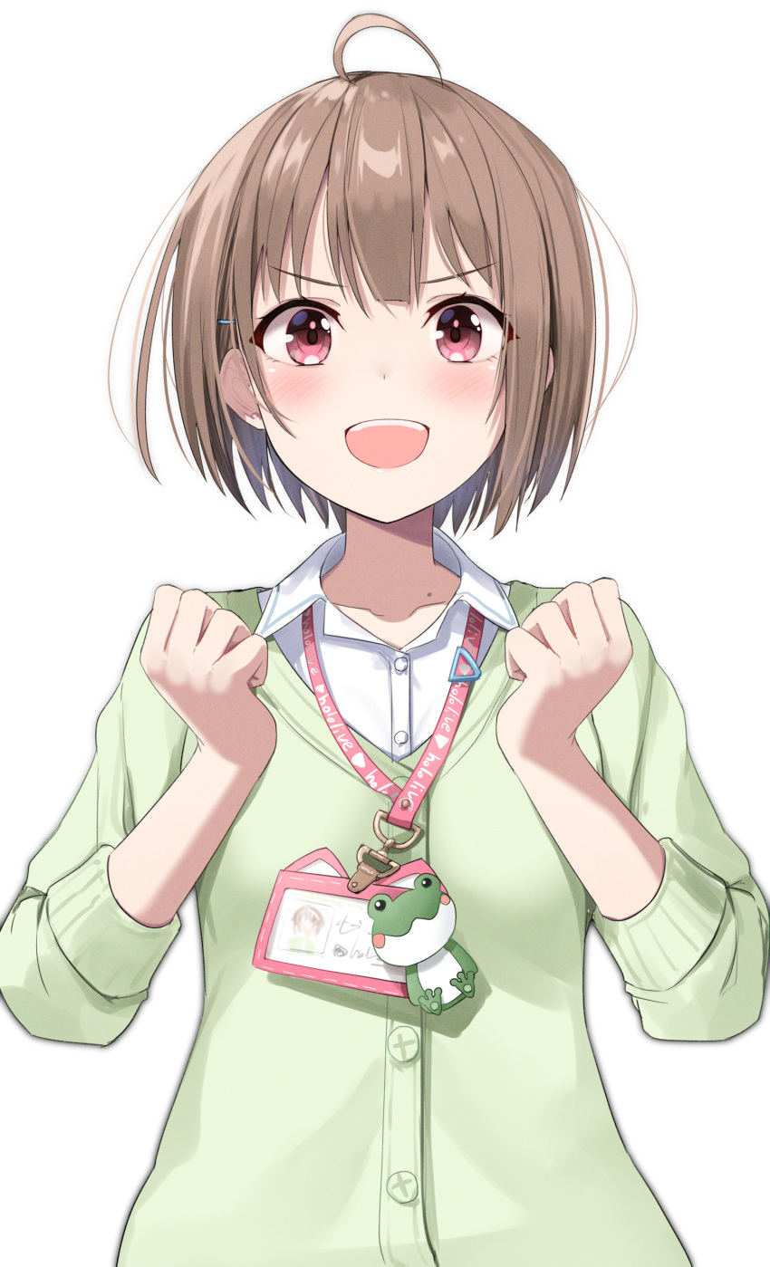 1girl :d absurdres ahoge brown_hair commentary_request green_sweater hair_ornament hairclip harusaki_nodoka highres hololive id_card lanyard long_sleeves looking_at_viewer mole mole_on_neck red_eyes shirt short_hair simple_background smile solo sweater teeth upper_teeth virtual_youtuber white_background white_shirt yuuzuki_(re'ef)