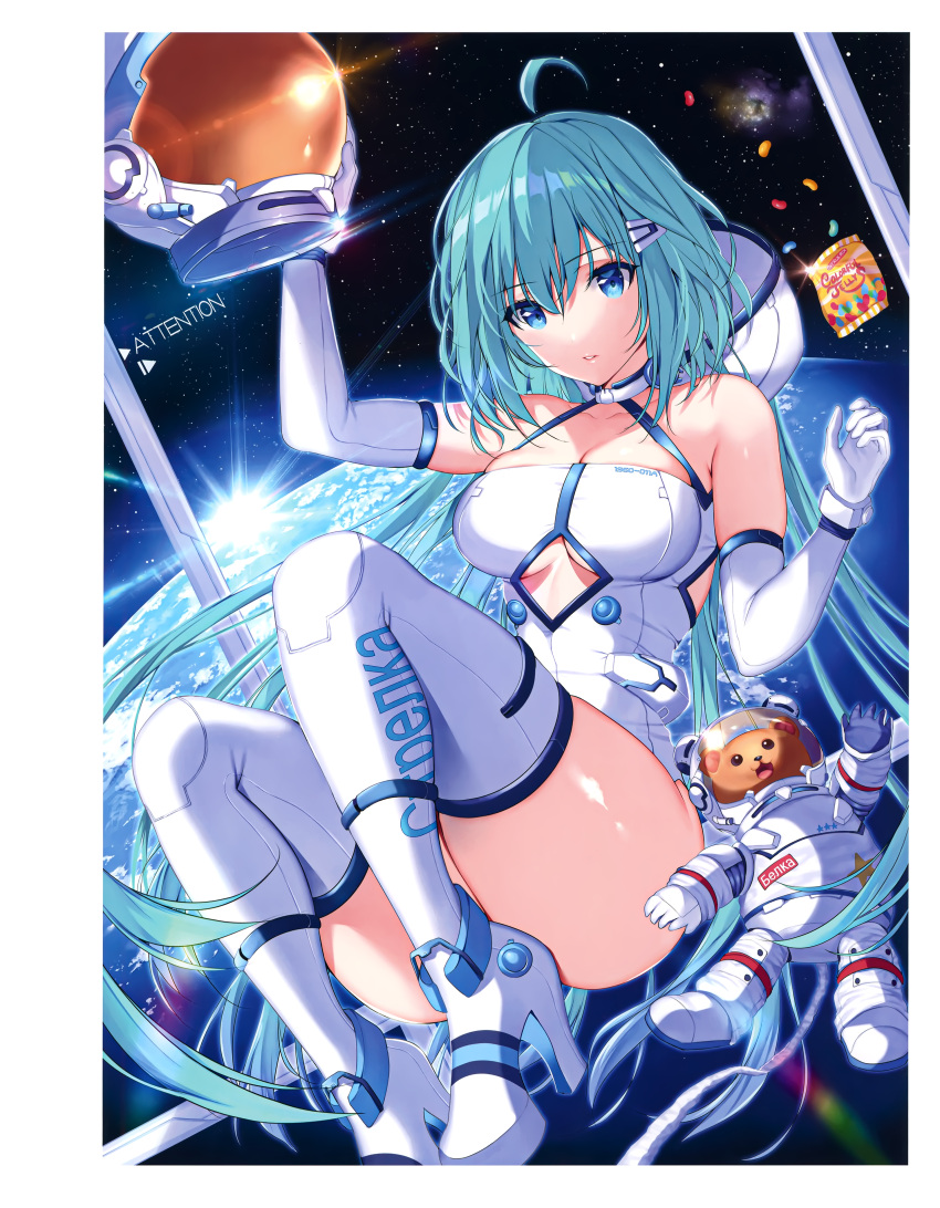 1girl absurdres ahoge bangs bare_shoulders blue_eyes blue_hair boots breasts collarbone earth_(planet) eyebrows_visible_through_hair floating floating_object gloves helmet high_heel_boots high_heels highres mataro_(matarou) medium_breasts original parted_lips planet pointy_ears scan shiny shiny_hair shiny_skin short_hair simple_background sleeveless solo space_helmet spacesuit stuffed_animal stuffed_toy thigh-highs thigh_boots thighs