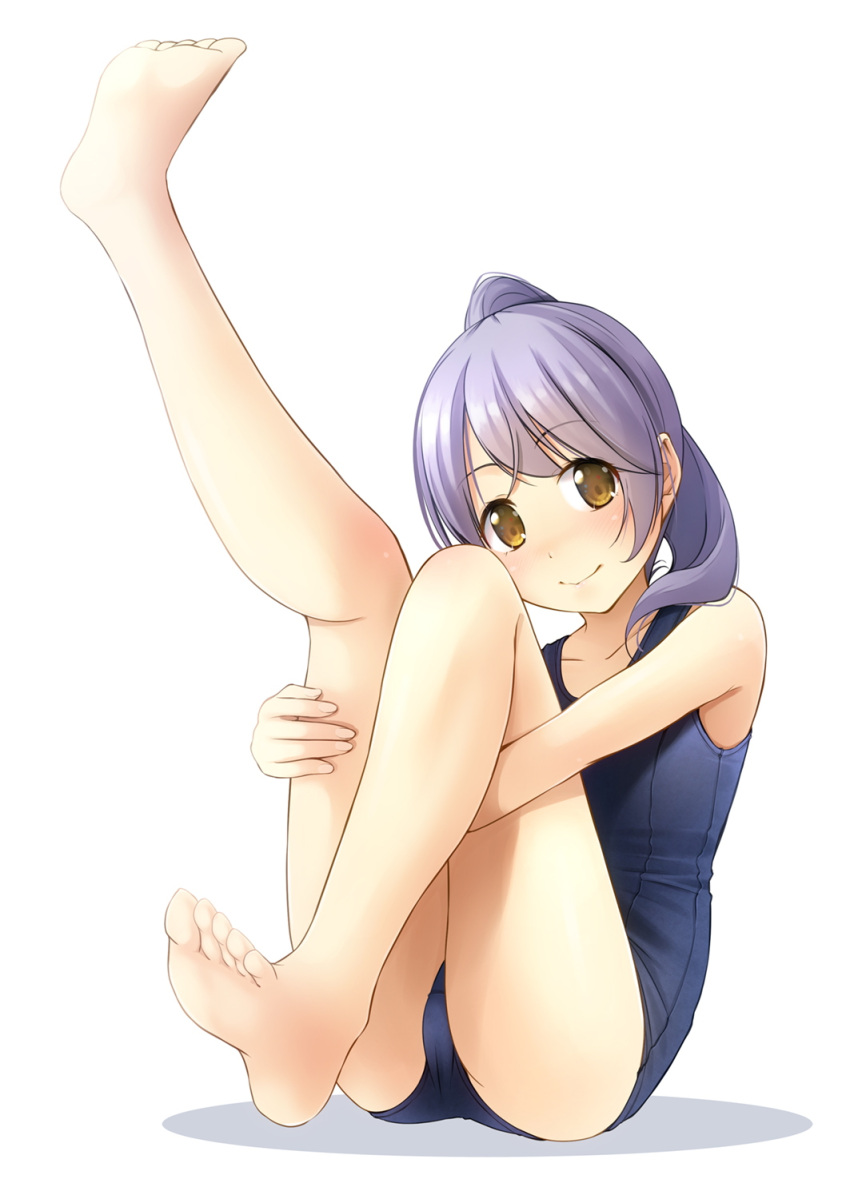 1girl bangs bare_arms bare_legs bare_shoulders barefoot blue_swimsuit blush brown_eyes closed_mouth commentary_request eyebrows_visible_through_hair full_body head_tilt highres hugging_own_legs knee_up leg_up long_hair one-piece_swimsuit original ponytail school_swimsuit shadow shibacha smile soles solo swimsuit violet_eyes white_background