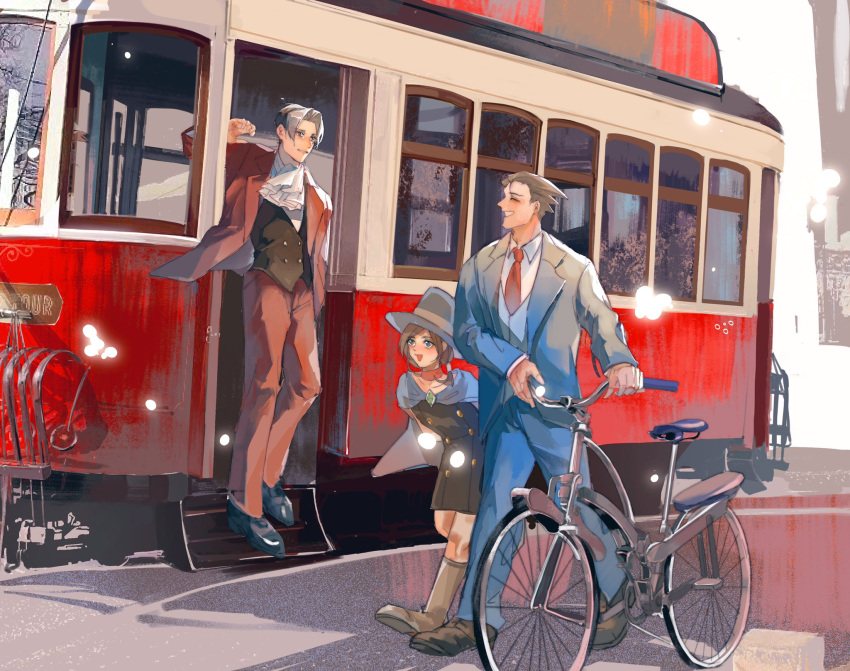 1girl 2boys ace_attorney ascot bicycle black_hair bus cape father_and_daughter formal ground_vehicle hat highres long_sleeves miles_edgeworth motor_vehicle outdoors phoenix_wright smile streetcar suit trucy_wright turquoise_mika