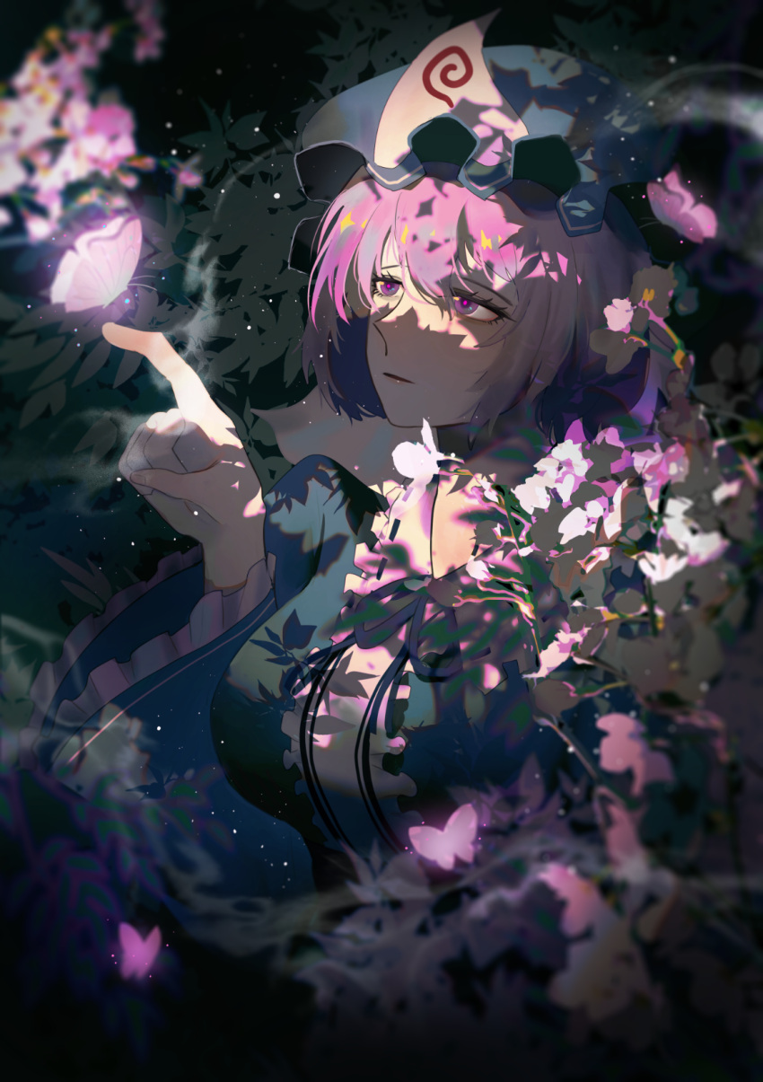 1girl b_(bbm) blue_headwear bug butterfly butterfly_on_hand cherry_blossoms flower highres leaf open_mouth pink_eyes pink_hair sad saigyouji_yuyuko solo touhou