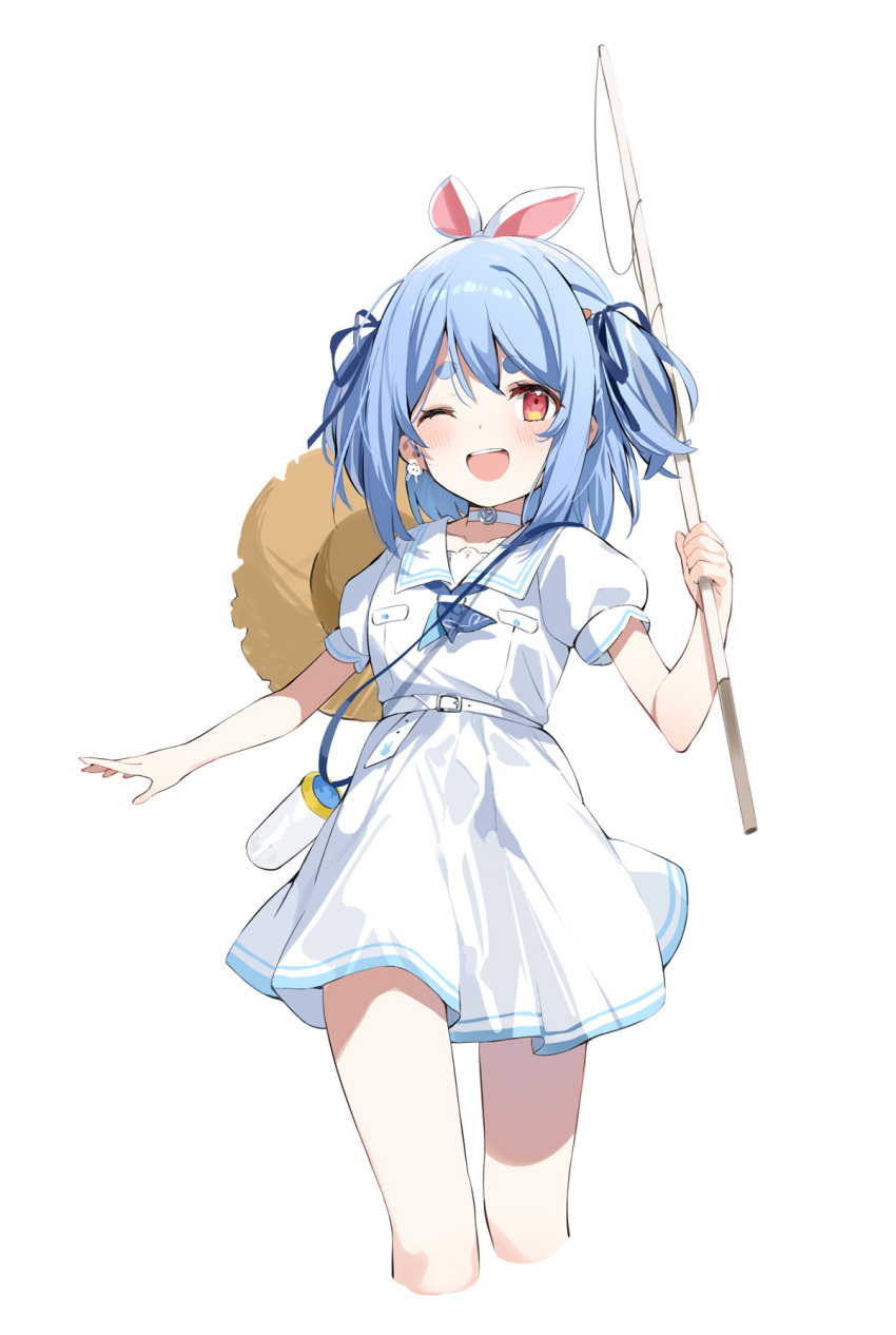1girl ;d brown_headwear cropped_legs dress earrings fishing_rod gourd hair_ribbon hana_mori highres holding holding_fishing_rod hololive jewelry looking_at_viewer one_eye_closed open_mouth rabbit_girl red_eyes ribbon short_sleeves simple_background smile solo two_side_up usada_pekora virtual_youtuber white_background white_dress