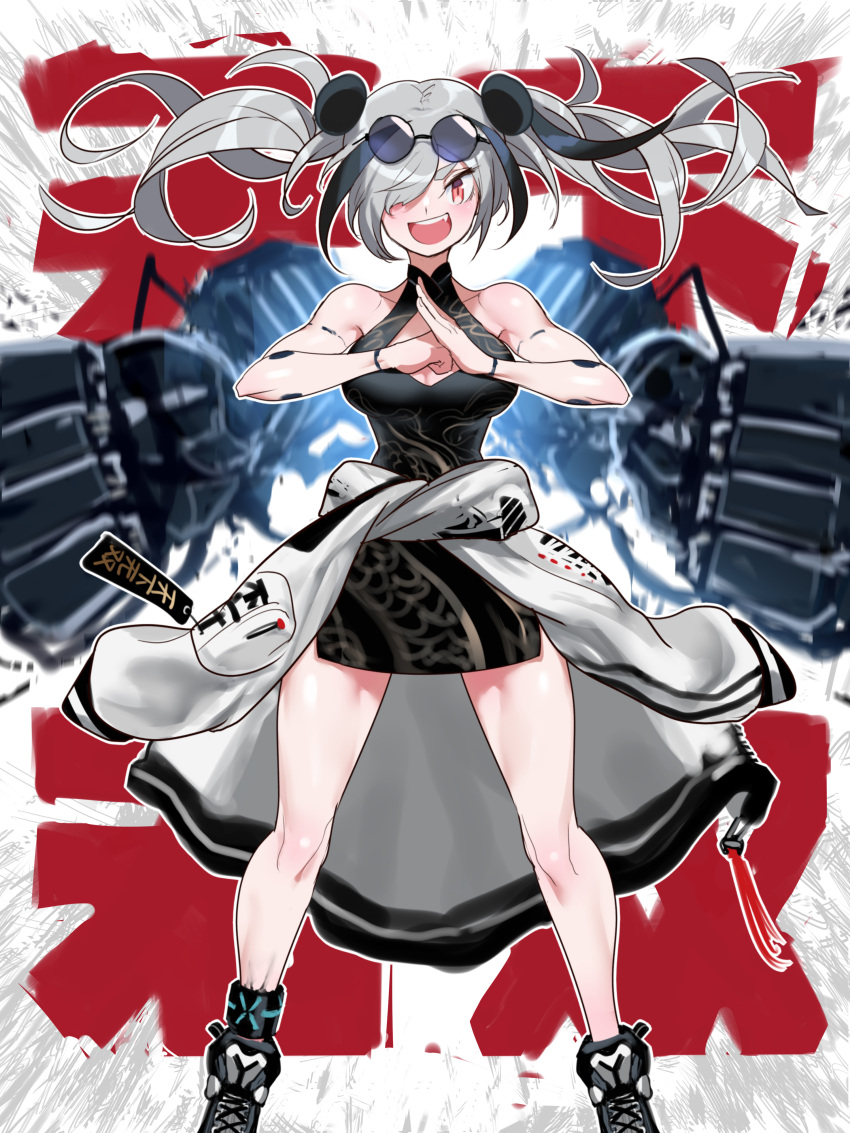 1girl absurdres arknights bare_shoulders black_dress clothes_around_waist dress eyewear_on_head feater_(arknights) fist_in_hand grey_hair hair_over_one_eye highres infection_monitor_(arknights) jell_(jell_y_fish) kung_fu looking_at_viewer motion_lines muscular muscular_female open_mouth oripathy_lesion_(arknights) oversized_clothes red_eyes smile solo standing sunglasses sweater sweater_around_waist teeth thick_eyebrows twintails white_background zipper zipper_pull_tab