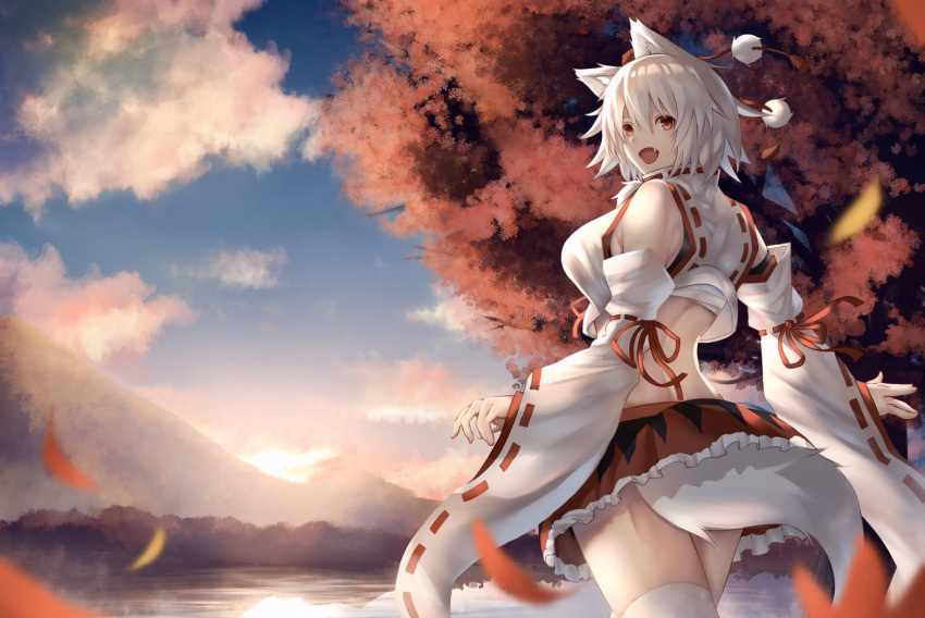 1girl animal_ear_fluff animal_ears autumn back bandages bare_shoulders blue_sky breasts clouds cowboy_shot detached_sleeves eto_mitsuba falling_leaves fang frilled_skirt frills from_behind hair_between_eyes hat inubashiri_momiji lake landscape leaf looking_at_viewer looking_back mountain open_mouth outdoors pom_pom_(clothes) red_eyes red_headwear ribbon-trimmed_sleeves ribbon_trim sarashi shirt short_hair sideboob skirt sky sunset tail thigh-highs thighs tokin_hat touhou tree two-tone_shirt water white_hair white_legwear white_shirt wide_sleeves wind wolf_ears wolf_tail