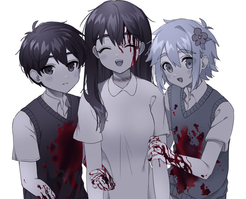 1girl 2boys :d absurdres bangs basil_(omori) bleeding_from_forehead blood blood_on_clothes blood_on_hands blush_stickers collared_dress collared_shirt dress eyebrows eyebrows_visible_through_hair flower hair_flower hair_ornament highres holding_another's_arm locked_arms long_hair looking_at_viewer mari_(omori) mntimccz monochrome multiple_boys omori open_mouth rope_marks shirt short_hair short_sleeves smile sunny_(omori) sweater_vest
