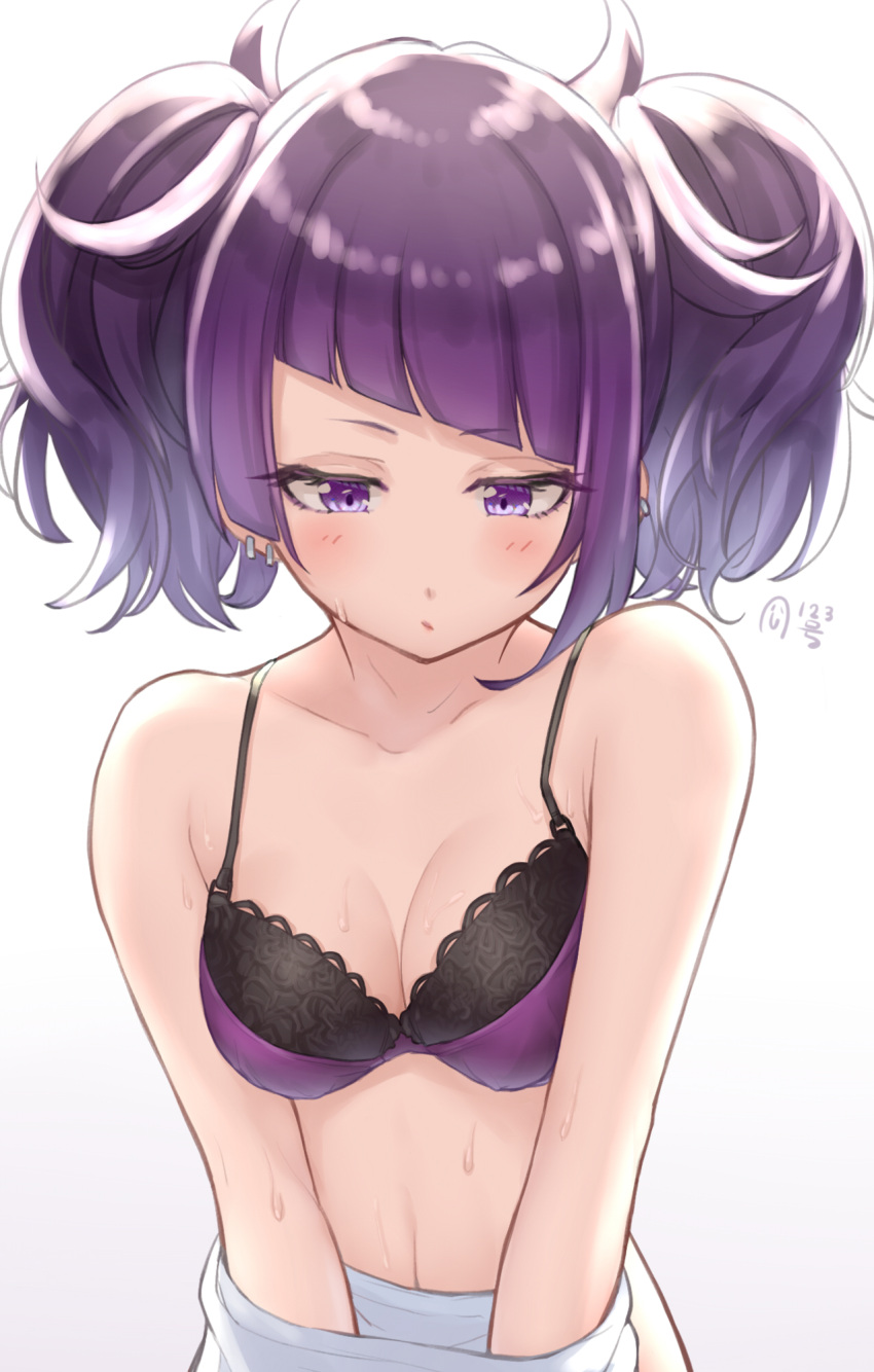 1girl asymmetrical_bangs bangs black_bra blunt_bangs blush bra breasts collarbone commentary_request diagonal_bangs earrings highres idolmaster idolmaster_shiny_colors jewelry kijibato_123-gou lingerie looking_down medium_breasts purple_bra purple_hair simple_background solo sweat sweatdrop tanaka_mamimi twintails two-tone_bra underwear undressing upper_body violet_eyes white_background