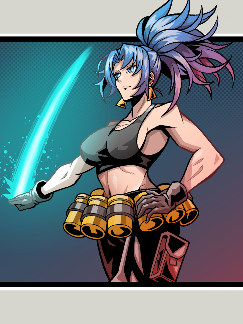 1girl ammunition_belt black_gloves black_tank_top blue_eyes blue_hair breasts clenched_hand earrings fighting_game gloves hand_on_hip highres jewelry leona_heidern navel pants ponytail pouch solo spiky_hair tank_top the_king_of_fighters the_king_of_fighters_xiii user_hhpf8775