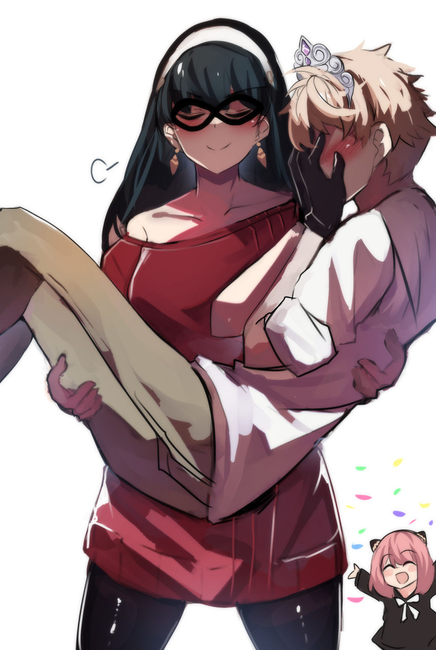1boy 2girls absurdres anya_(spy_x_family) arms_up blush carrying closed_eyes confetti covering_face embarrassed eye_mask gloves happy hetero highres hinghoi multiple_girls princess_carry red_sweater smile spy_x_family sweater twilight_(spy_x_family) yor_briar