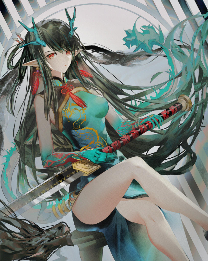 1girl arknights bare_legs bare_shoulders black_hair blue_dress blue_fire blue_hair blue_skin breasts colored_skin dragon dragon_girl dragon_horns dragon_tail dress dusk_(arknights) dutch_angle earrings feet_out_of_frame fiery_tail fire gradient_hair gradient_skin highres holding holding_sword holding_weapon horns jewelry long_hair looking_at_viewer medium_breasts multicolored_hair official_alternate_costume parted_lips pointy_ears red_eyes sleeveless sleeveless_dress smile solo sword tail tassel tassel_earrings tsujieiri very_long_hair weapon