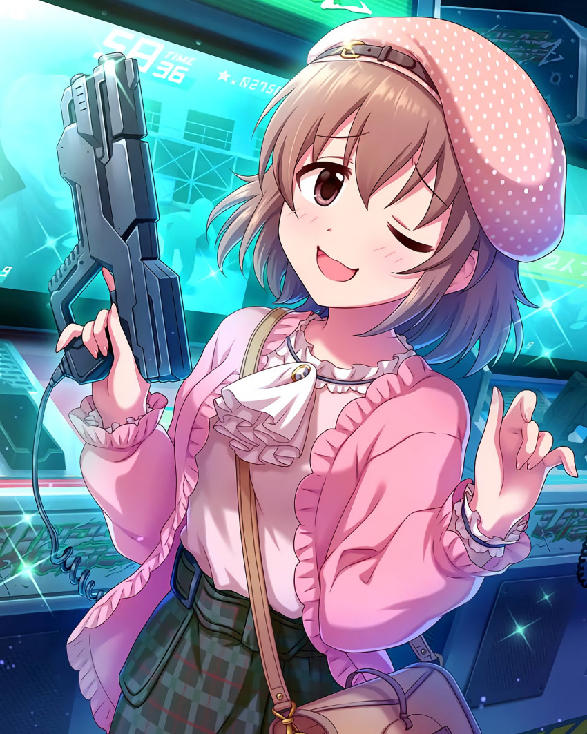 bag bangs belted_skirt breasts brown_eyes brown_hair cardigan checkered_clothes checkered_skirt commentary dot_nose eyebrows_visible_through_hair frilled_shirt frilled_sleeves frills green_skirt gun hair_between_eyes hands_up highres holding holding_gun holding_weapon idolmaster idolmaster_cinderella_girls indoors kita_hinako light_blush long_sleeves looking_at_viewer medium_breasts official_art one_eye_closed open_mouth pink_cardigan shirt short_hair shoulder_bag skirt smile sparkle third-party_edit toy_gun video_game weapon white_shirt