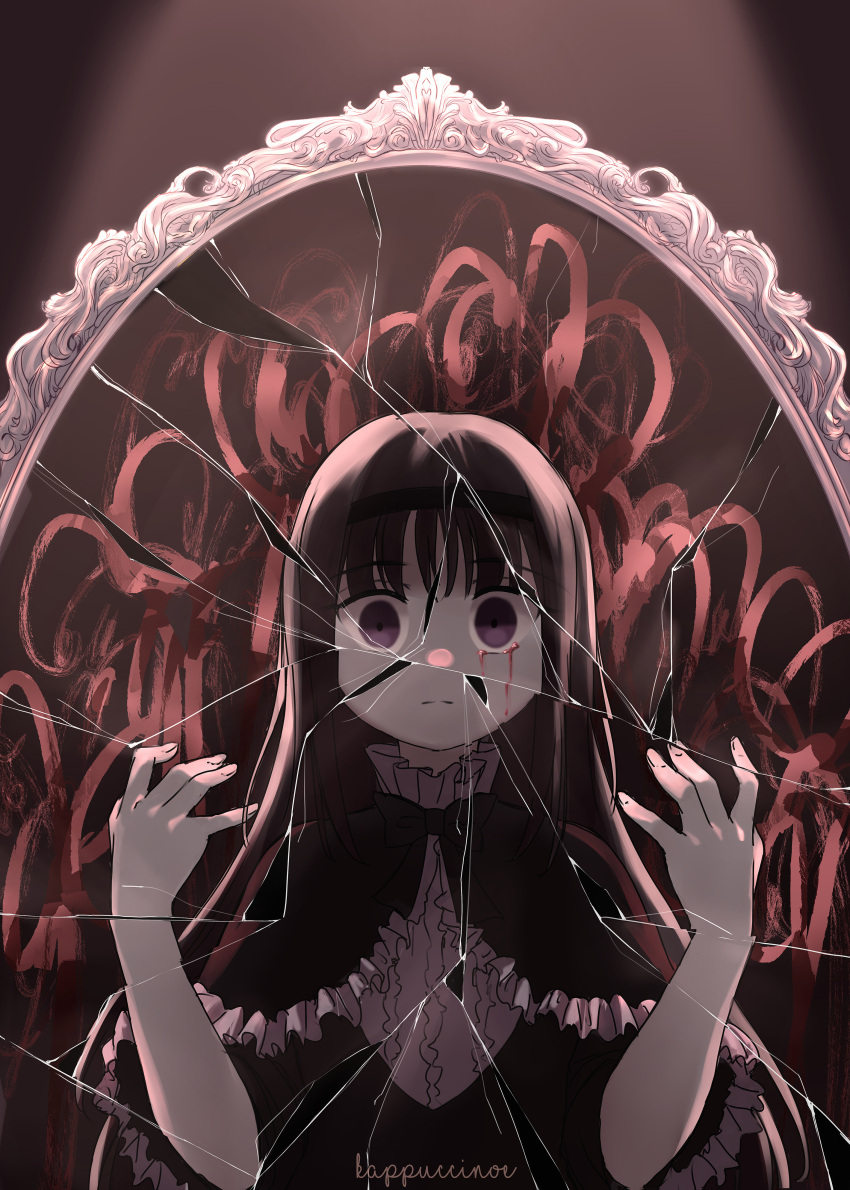 1girl absurdres akemi_homura black_hair bleeding blood blood_on_face broken_glass glass hairband highres homu magical_girl mahou_shoujo_madoka_magica miomoi violet_eyes