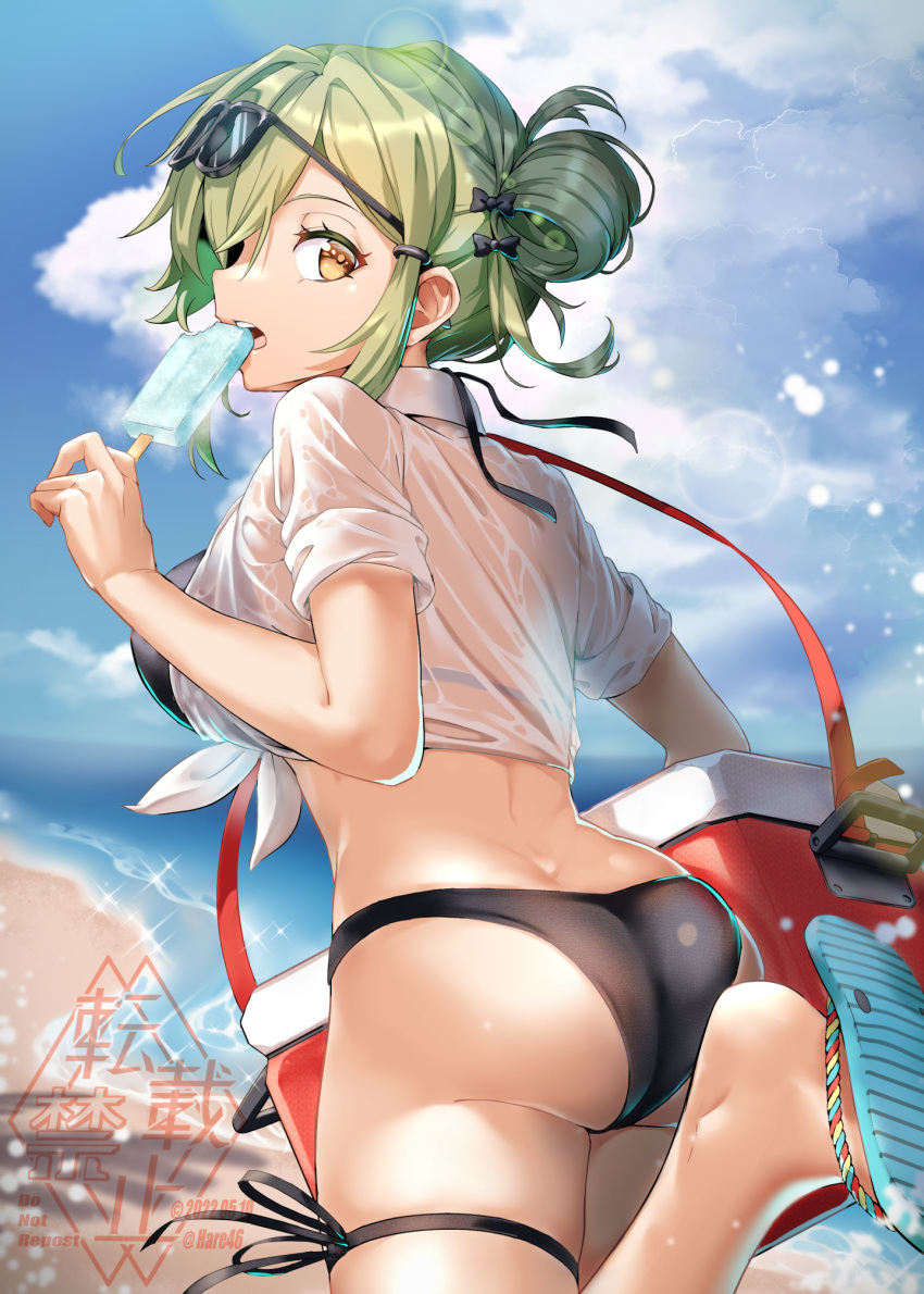 ass back beach bikini black_bikini blue_sky breasts brown_eyes collared_shirt commentary_request cooler day eyewear_on_head flip-flops food girls_frontline green_hair hair_bun hair_ribbon highres holding holding_food kagami_(haret46) large_breasts looking_at_viewer looking_to_the_side magal_(girls'_frontline) ocean outdoors popsicle ribbon sandals see-through see-through_shirt shirt signature sky solo sunglasses swimsuit tied_shirt walking watermark white_shirt