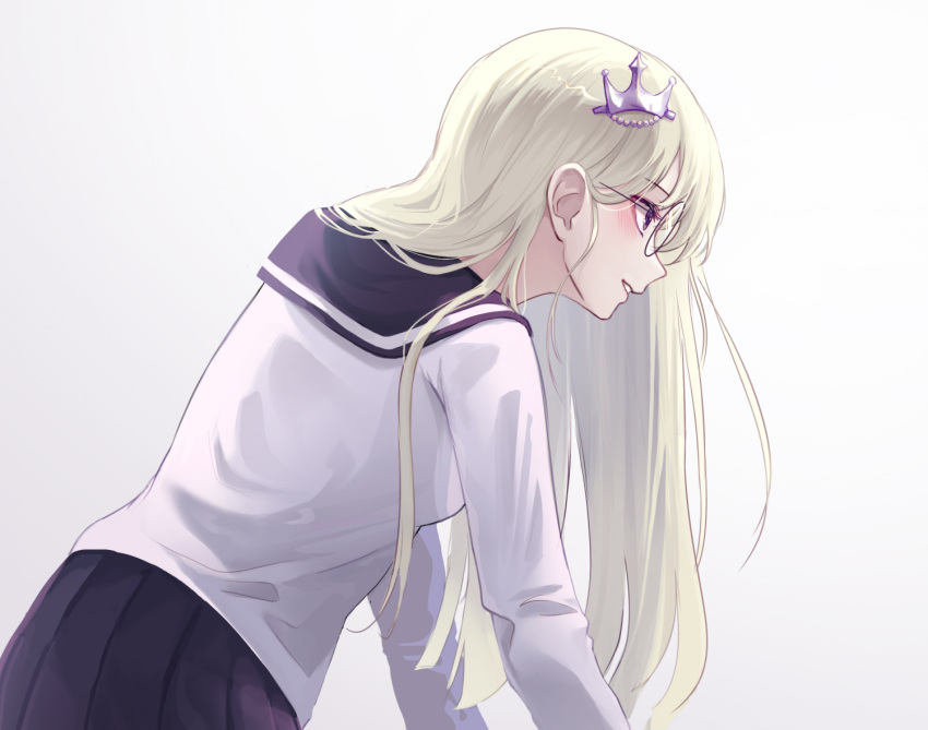 1girl arm_support blonde_hair blue_sailor_collar blue_skirt blush crown_hair_ornament from_side glasses long_hair myung_yi original parted_lips sailor_collar school_uniform serafuku shirt skirt solo white_background white_shirt