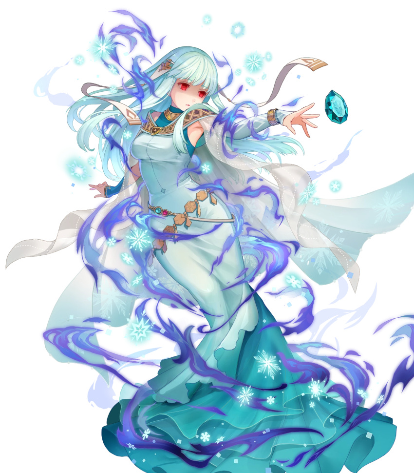 1girl aqua_hair aura bangs belt breasts dark_aura dress fire_emblem fire_emblem:_the_blazing_blade fire_emblem_heroes full_body glowing glowing_eyes gradient gradient_clothes hair_ornament highres konfuzikokon long_dress long_hair medium_breasts ninian_(fire_emblem) non-web_source official_art red_eyes solo stone transparent_background