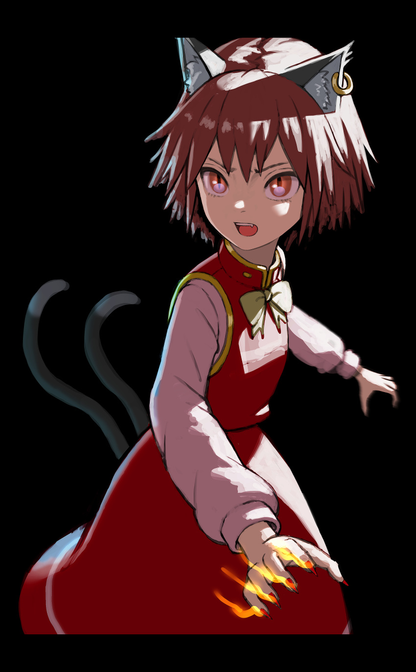 1girl absurdres animal_ears black_background bow brown_hair cat_ears cat_tail chen dress earrings fingernails hat highres jewelry letterboxed long_fingernails long_sleeves looking_away multiple_tails nail_polish nekomata open_mouth red_eyes red_nails sharp_fingernails short_hair simple_background single_earring slit_pupils solo tail touhou tsukebo