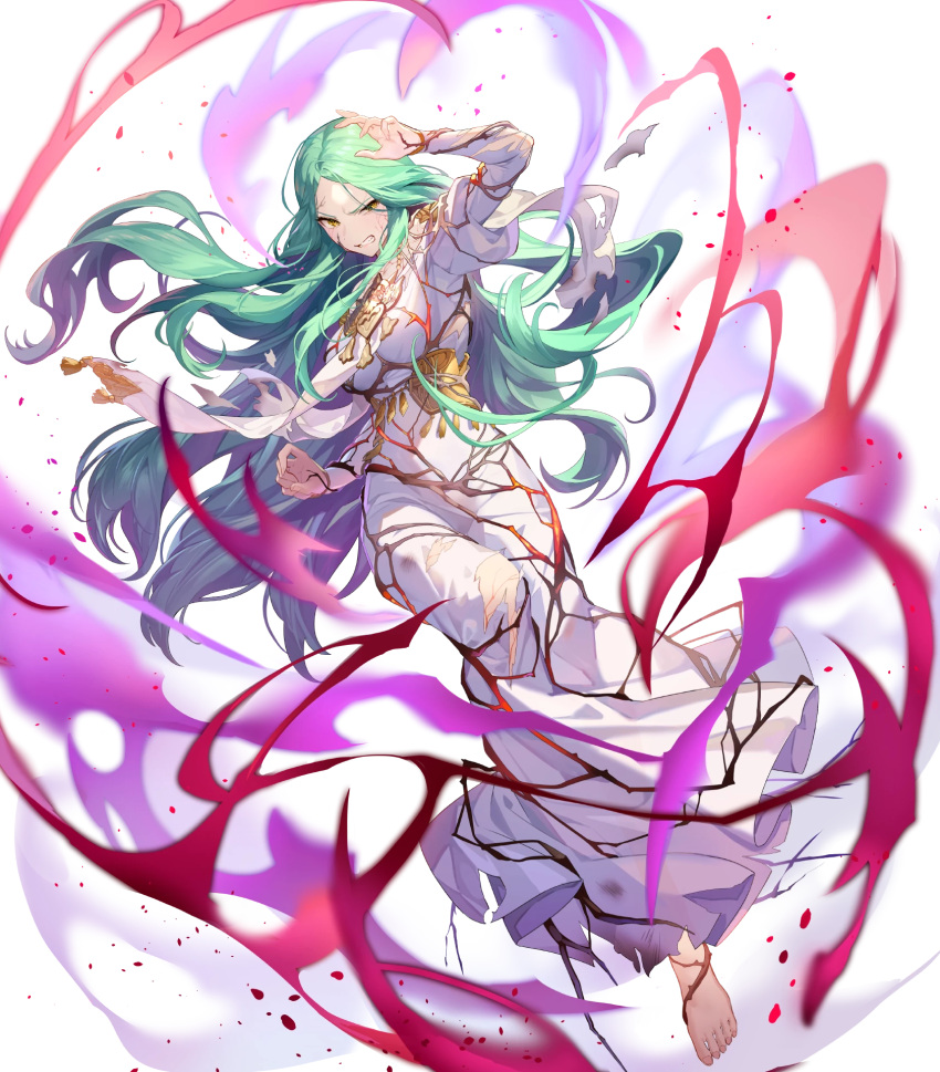 1girl aura bangs breasts dark_aura dress fire_emblem fire_emblem:_three_houses fire_emblem_heroes full_body green_hair highres long_dress long_hair long_sleeves medium_breasts non-web_source official_art pale_skin parted_bangs puffy_sleeves rhea_(fire_emblem) solo teffish white_dress yellow_eyes