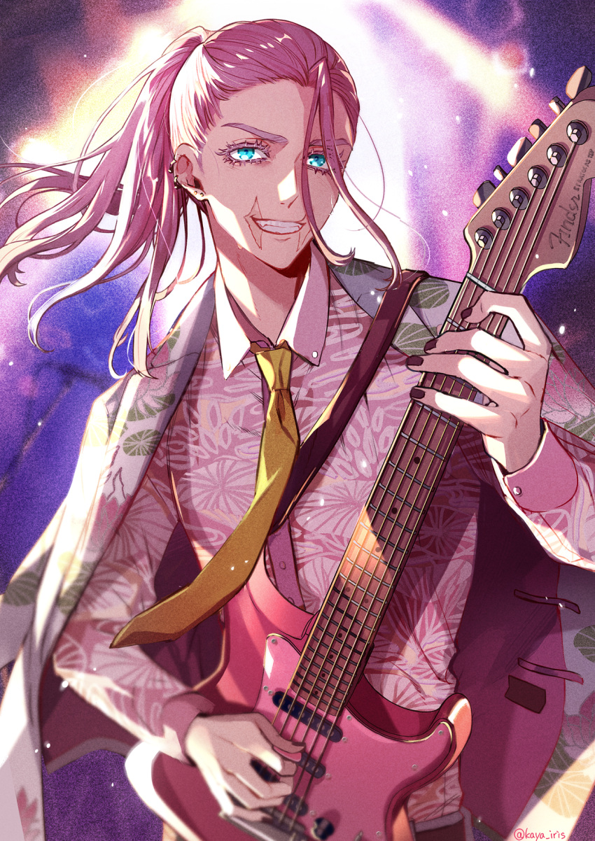 1boy bangs black_nails blue_eyes collared_shirt cowboy_shot earrings formal grin guitar hair_pulled_back highres holding holding_instrument instrument jacket jacket_on_shoulders jewelry kaya_lily long_hair looking_at_viewer male_focus necktie pink_hair pink_jacket pink_shirt pink_suit ponytail sanzu_haruchiyo scar scar_on_face shirt smile solo standing suit tokyo_revengers yellow_necktie