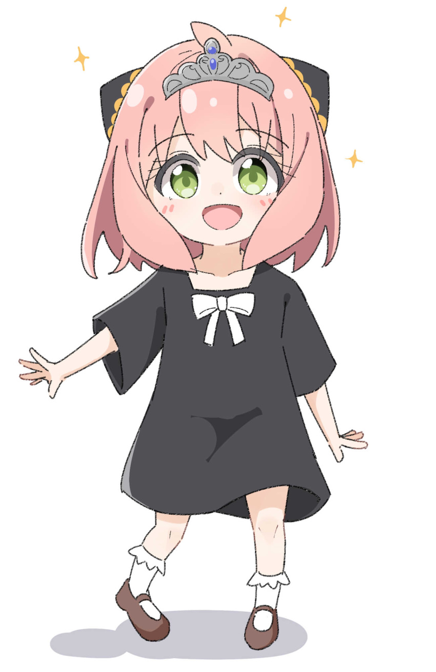 1girl :d ahoge anya_(spy_x_family) bangs black_dress blush bobby_socks bow brown_footwear collarbone commentary_request dress eyebrows_visible_through_hair full_body green_eyes hair_between_eyes highres kapuru_0410 looking_at_viewer pink_hair shadow shoes short_sleeves smile socks solo sparkle spy_x_family standing tiara white_background white_bow white_legwear wide_sleeves
