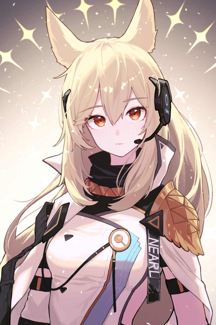1girl absurdres animal_ears arknights beudelb blonde_hair breasts character_name clothes_writing epaulettes eyebrows_visible_through_hair gradient gradient_background grey_background hair_between_eyes headset highres horse_ears implied_extra_ears long_hair long_sleeves looking_at_viewer nearl_(arknights) nearl_the_radiant_knight_(arknights) red_eyes shirt single_epaulette small_breasts solo sparkle upper_body white_shirt