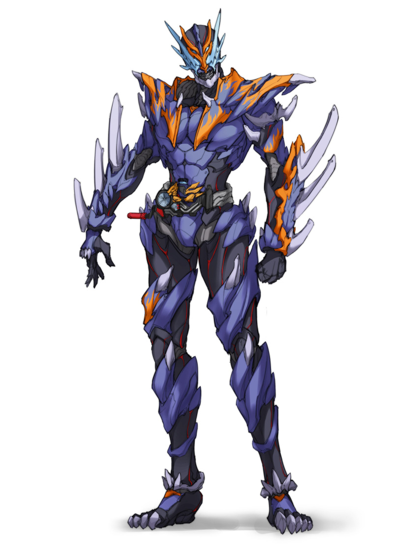 1boy absurdres belt blue_armor blue_eyes build_driver chaoslegon clenched_hand clenched_teeth cross-z_dragon dragon fire flame flame_print highres kamen_rider kamen_rider_build_(series) kamen_rider_cross-z open_hand rider_belt sharp_teeth simple_background sketch solo spikes stylistic teeth white_background