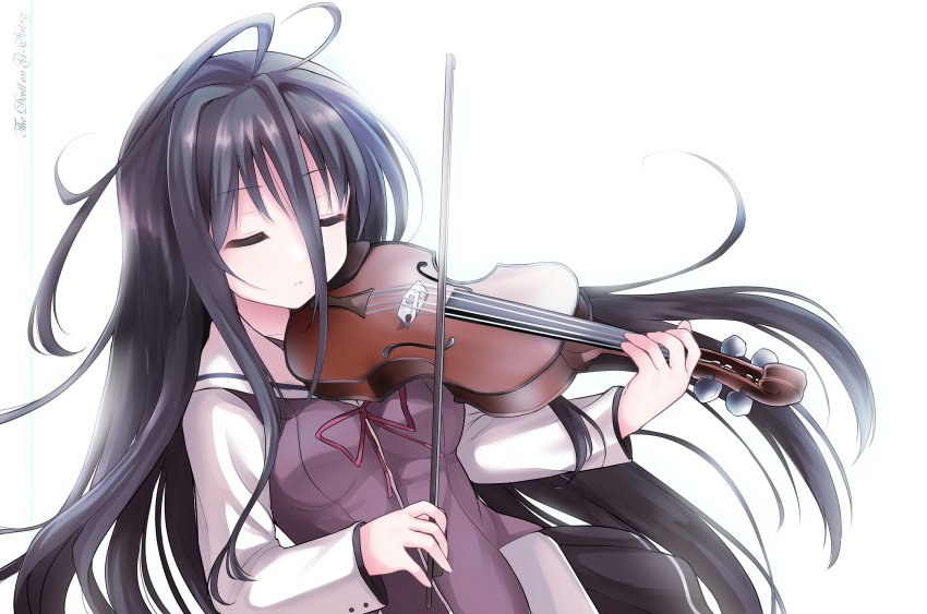 1girl black_hair bow_(music) closed_eyes closed_mouth copyright_name g-senjou_no_maou hair_between_eyes highres instrument long_hair long_sleeves music playing_instrument simple_background solo standing takepoison usami_haru very_long_hair violin white_background