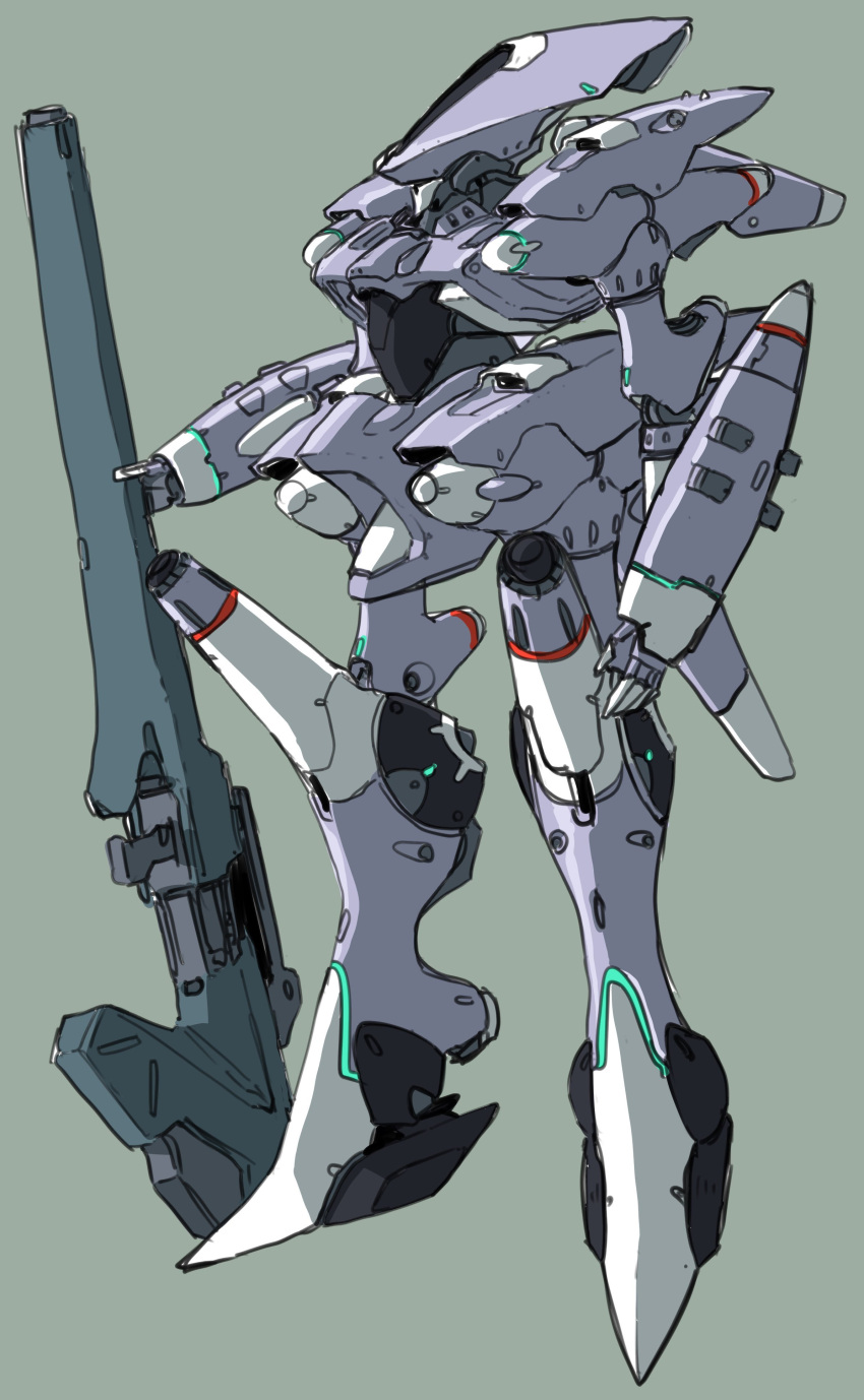 absurdres green_background gun highres holding holding_gun holding_weapon kuroba_yotsuha looking_ahead mecha no_humans open_hand original science_fiction solo standing visor weapon