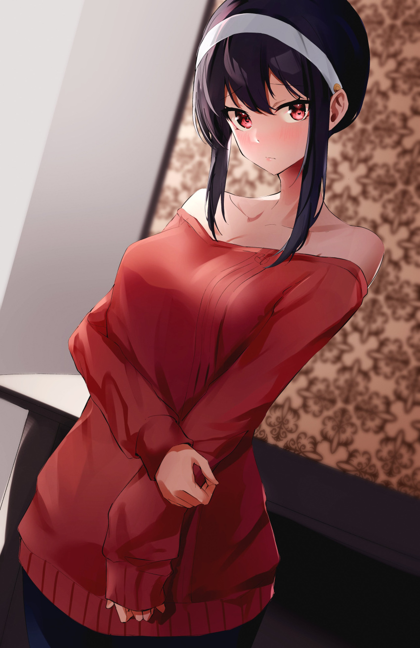 1girl absurdres bangs bare_shoulders black_hair blurry blurry_background blush breasts closed_mouth collarbone dutch_angle eyebrows_visible_through_hair hairband highres holding_own_arm looking_at_viewer medium_hair nanashinayuzu_mochi off-shoulder_sweater off_shoulder raised_eyebrows red_eyes red_sweater sidelocks solo spy_x_family sweater white_hairband yor_briar
