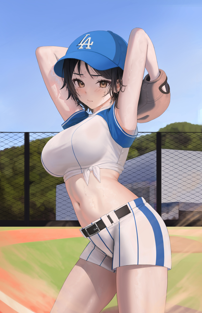 1girl absurdres armpits arms_up bare_arms baseball_cap baseball_mitt belt black_hair blue_headwear breasts brown_eyes closed_mouth contrapposto cowboy_shot crop_top day front-tie_top frown hat highres large_breasts looking_at_viewer midriff mole mole_under_mouth navel original outdoors shirt short_hair short_shorts shorts solo standing stomach sweat taut_clothes taut_shirt thighs tokkihouse white_shirt white_shorts