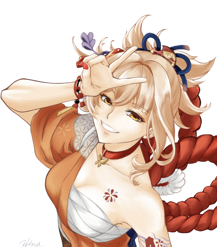 1girl arm_tattoo arm_up bandages bangs blonde_hair bracelet chest_sarashi chest_tattoo choker commentary genshin_impact grin highres hina_(asnx5834) japanese_clothes jewelry kimono looking_at_viewer nail_polish orange_kimono red_choker red_nails sarashi short_hair simple_background smile solo strapless tattoo tube_top upper_body v white_background yellow_eyes yoimiya_(genshin_impact)