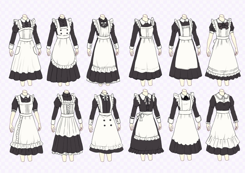 6+girls apron black_bow black_dress black_ribbon bow checkered_background collared_dress commentary_request cropped_legs dress frilled_apron frills highres juliet_sleeves long_sleeves maid maid_apron maid_day multiple_girls neck_ribbon original pleated_dress puffy_short_sleeves puffy_sleeves ribbon sakura_oriko short_sleeves white_apron white_bow