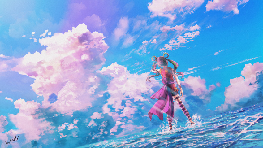 1girl aoi_minato_(aoiminato_ship) arm_at_side blue_sky bow bracer brown_hair brown_skirt cape character_request clouds cloudy_sky from_behind green_hair hair_bow hand_gesture hand_up highres kneehighs leg_garter light_particles light_rays miniskirt ocean original pink_cape pink_legwear pleated_skirt purple_sky red_tunic scenery shading_eyes shirt signature skirt sky sky_focus sleeveless sleeveless_shirt solo standing standing_on_liquid striped striped_legwear traditional_media twintails wind wind_lift