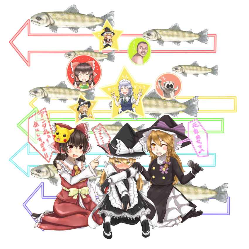 1boy 6+girls ascot azusa_(cookie) bangs black_coat black_footwear black_gloves black_headwear black_skirt blonde_hair boots bow braid breasts brown_hair coat commentary_request cookie_(touhou) crying crying_with_eyes_open cup detached_sleeves fish frilled_bow frilled_hair_tubes frilled_shirt_collar frills full_body genpatsu_(cookie) gloves green_bow green_eyes grey_hair haiperion_buzan hair_between_eyes hair_bow hair_tubes hakurei_reimu hat hat_bow highres holding holding_microphone holding_poke_ball inmu-kun izayoi_sakuya kanna_(cookie) kirisame_marisa long_hair long_skirt looking_at_another maid maid_headdress manatsu_no_yo_no_inmu mars_(cookie) mask mask_on_head medium_breasts microphone miura_daisenpai multiple_girls open_mouth partially_fingerless_gloves pikachu poke_ball pokemon purple_bow red_bow red_eyes red_scarf red_skirt rei_(cookie) reu_(cookie) scarf shirt side_braid single_braid sitting skirt sleeveless sleeveless_shirt smile star_(symbol) tears touhou translation_request uzuki_(cookie) white_background white_bow white_sleeves witch_hat yellow_ascot yunomi