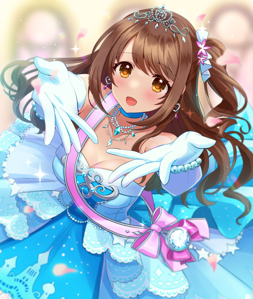 1girl absurdres bead_bracelet beads blue_choker blue_dress blush bracelet breasts brown_eyes brown_hair choker commentary_request dress earrings elbow_gloves eyebrows_visible_through_hair gloves hands_up highres idolmaster idolmaster_cinderella_girls idolmaster_cinderella_girls_starlight_stage jewelry looking_at_viewer medium_breasts necklace one_side_up open_mouth sakura_ran shimamura_uzuki smile solo tiara white_gloves
