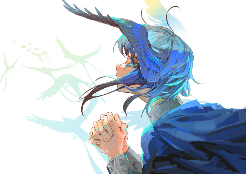 1girl absurdres antenna_hair bird bird_wings bixinrrr blue_eyes blue_hair chinese_commentary commentary_request feathered_wings final_fantasy final_fantasy_xiv flying from_side hands_up head_wings highres looking_up meteion own_hands_clasped own_hands_together portrait profile short_hair silhouette simple_background solo tears white_background wings
