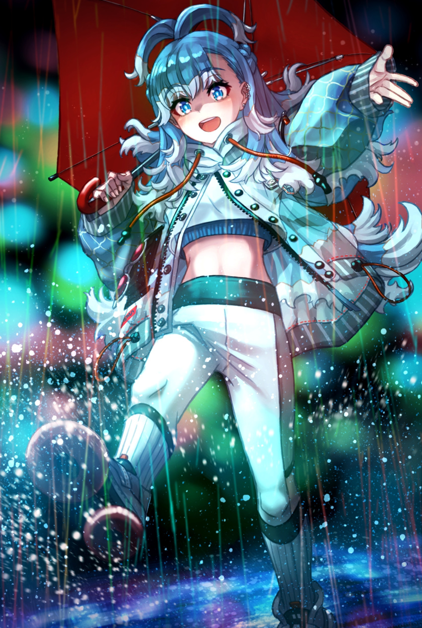 1girl :d blue_eyes blue_hair blue_shirt commentary ear_piercing earrings english_commentary eyebrows_visible_through_hair highres holding holding_umbrella hololive hololive_indonesia jacket jewelry kobo_kanaeru liquid_hair long_hair long_sleeves looking_at_viewer multicolored_hair navel open_mouth pants piercing rain raincoat shirt shoes smile socks strapless supa_9_rou tube_top two-tone_hair umbrella virtual_youtuber white_hair white_jacket white_legwear white_pants