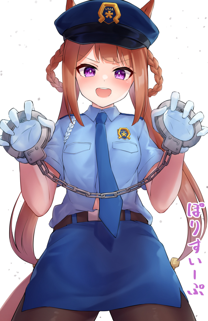 1girl absurdres animal_ears black_legwear blush brown_hair commentary_request cuffs hair_rings handcuffs hat highres horse_ears horse_girl horse_tail open_mouth pantyhose pizza_(pizzania_company) police police_uniform policewoman simple_background solo sweep_tosho_(umamusume) tail twintails umamusume uniform white_background