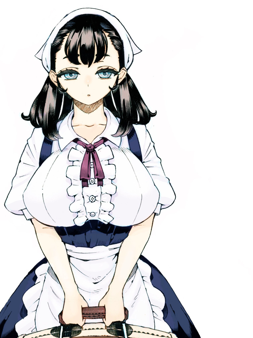 1girl apron bangs black_hair blue_dress blue_eyes breasts collarbone collared_shirt commentary_request dress dress_shirt expressionless frilled_shirt frills highres holding holding_suitcase huge_breasts long_hair looking_at_viewer maid maid_apron neck_ribbon nishi_yoshiyuki original parted_lips puffy_short_sleeves puffy_sleeves ribbon shirt short_sleeves simple_background solo suitcase v_arms waist_apron white_background white_shirt