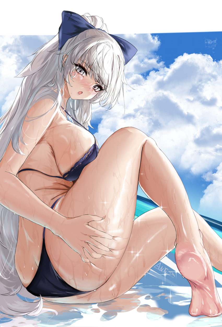 1girl ass azur_lane blush bow breast_press breasts clouds cloudy_sky departure18 foot_out_of_frame from_side grey_eyes grey_hair hair_bow highres large_breasts long_hair looking_at_viewer official_alternate_costume ponytail purple_bow purple_swimsuit shiny shiny_skin sky solo swimsuit vittorio_veneto_(azur_lane) vittorio_veneto_(the_flower_of_la_spezia)_(azur_lane) wet