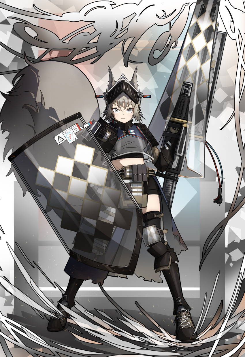 abstract_background absurdres animal_ear_fluff animal_ears arknights armor ashlock_(arknights) boots combat_boots eyebrows_visible_through_hair grey_eyes grey_hair grey_tail highres lance looking_at_viewer midriff plate_armor polearm shield shoshu squirrel squirrel_ears squirrel_girl squirrel_tail tail visor_(armor) weapon