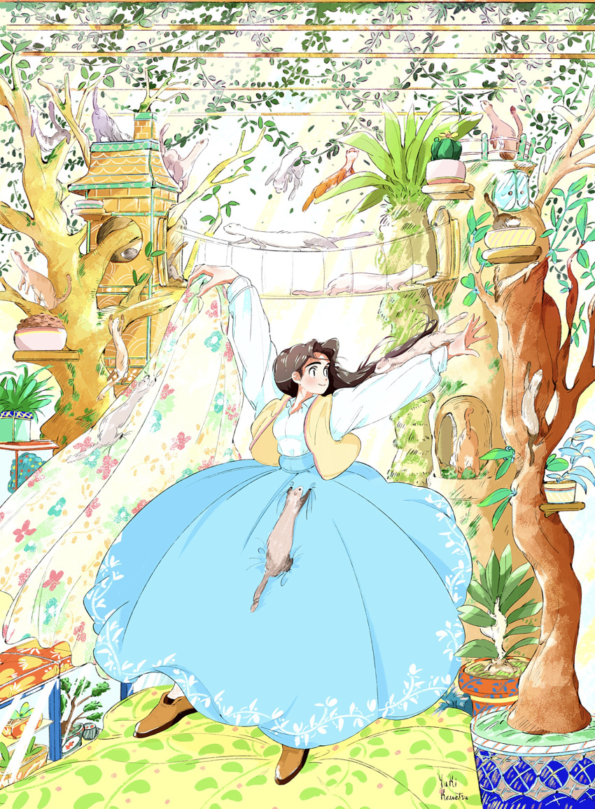 1girl animal animal_request blue_skirt brown_footwear highres indoors kawatsu_yuuki long_skirt long_sleeves original plant potted_plant shirt shirt_tucked_in shoes skirt solo tree vest white_shirt yellow_vest