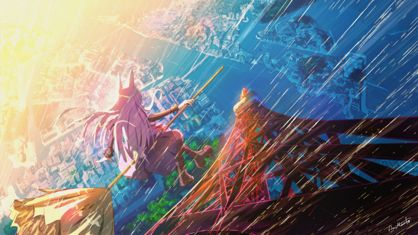 1girl animal_ears aoi_minato_(aoiminato_ship) boots bridge broom broom_riding building character_request city copyright_request flying from_behind highres inception island light_particles light_rays long_hair long_sleeves motion_lines ocean perspective pink_hair scenery shore solo sunbeam sunlight tokyo_(city) tokyo_tower tree