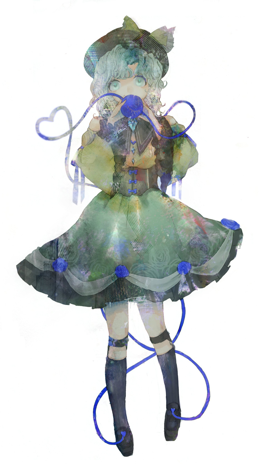1girl absurdres bangs black_corset black_headwear black_legwear blouse blue_bow blue_flower blue_rose boots bow buttons commentary_request corset covered_mouth diamond_button floral_print flower frilled_skirt frilled_sleeves frills full_body green_eyes green_hair green_skirt hat hat_ribbon heart heart_of_string highres koishi_day komeiji_koishi leg_strap long_sleeves looking_at_viewer off-shoulder_shirt off_shoulder parted_bangs ribbon rose sano_naoi shirt short_hair skirt solo third_eye touhou wavy_hair white_background wide_sleeves yellow_ribbon yellow_shirt