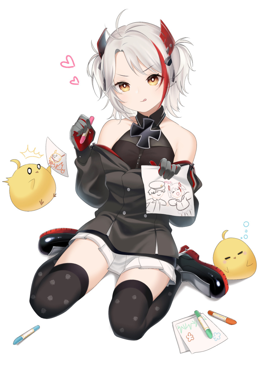 1girl :p absurdres azur_lane bangs bird black_legwear brown_eyes chick commentary_request crayon cross detached_sleeves dual_wielding eyebrows_visible_through_hair full_body grey_hair hair_between_eyes hair_ornament heart highres holding holding_crayon holding_paper iron_cross little_prinz_eugen_(azur_lane) long_hair long_sleeves looking_at_viewer manjuu_(azur_lane) multicolored_hair oxygen_mask_(oxygenmask233) paper picture_(object) pleated_skirt sidelocks simple_background sitting skirt smile surprised thigh-highs tongue tongue_out two-tone_hair two_side_up v-shaped_eyebrows wariza white_background zettai_ryouiki