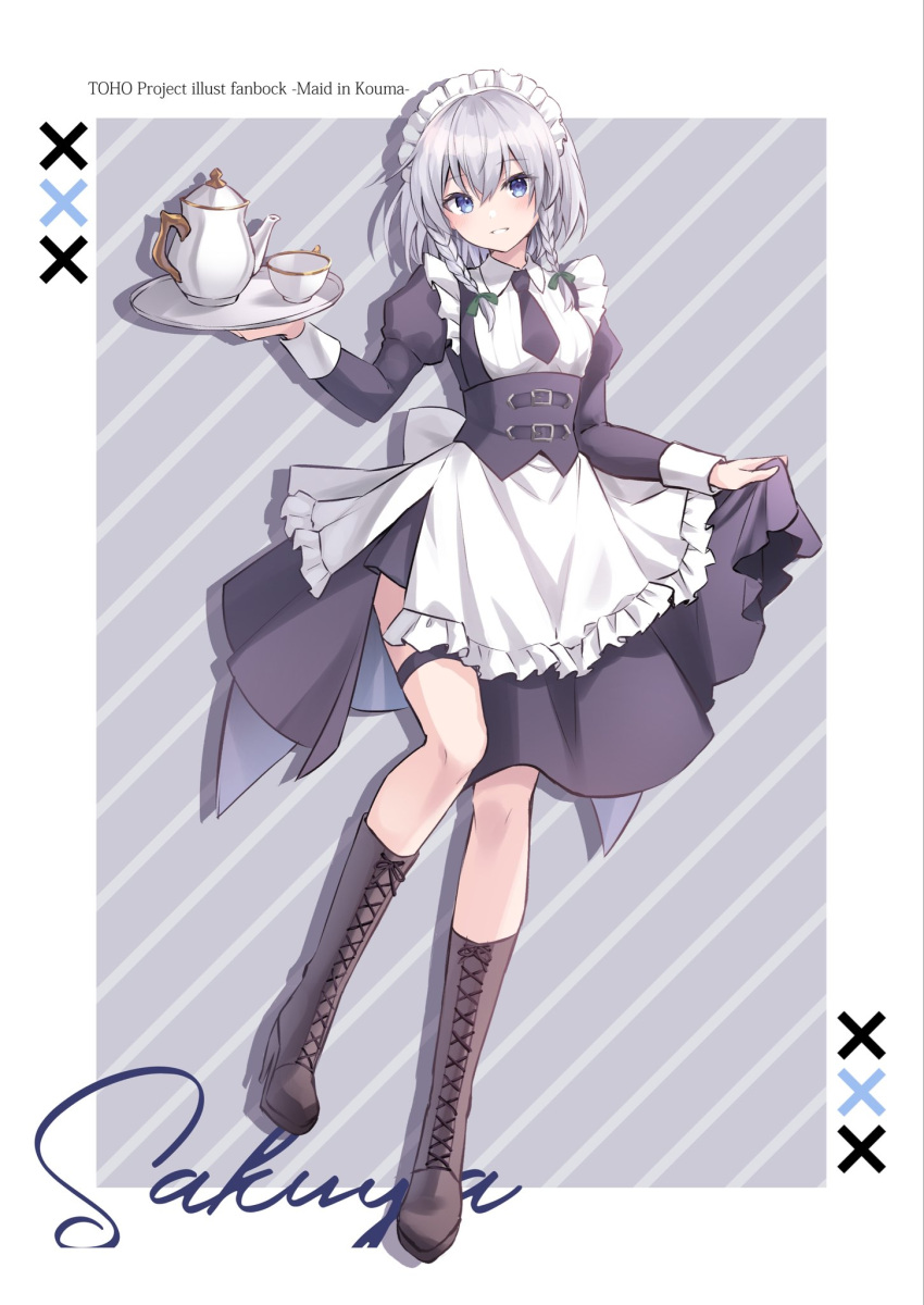 1girl apron bangs blue_corset blue_necktie blush boots braid brown_footwear character_name corset cross-laced_footwear cup highres holding holding_tray izayoi_sakuya kure~pu long_sleeves looking_at_viewer maid maid_apron maid_day maid_headdress necktie open_mouth short_necktie sidelocks solo teacup teapot tray twin_braids