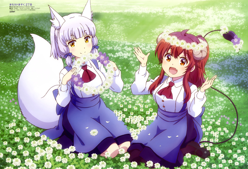 2girls absurdres animal_ears bangs black_legwear blue_dress blunt_bangs brown_eyes closed_mouth collared_shirt demon_girl demon_horns demon_tail dress fang field flower flower_field flower_wreath fox_ears fox_girl fox_tail grass hair_between_eyes hair_ribbon highres horns kitsune kneehighs long_hair looking_at_viewer machikado_mazoku meadow multiple_girls official_art ooki_ryouichi open_mouth redhead ribbon riko_(machikado_mazoku) scan school_uniform shirt sidelocks skin_fang smile tail white_hair white_shirt yellow_eyes yoshida_yuuko_(machikado_mazoku)