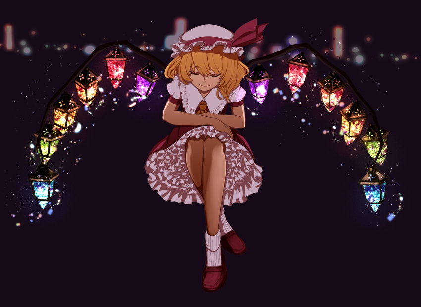 1girl ascot blonde_hair closed_eyes closed_mouth collared_shirt commentary crossed_arms crossed_legs facing_viewer flandre_scarlet frilled_shirt_collar frills full_body glowing hat hat_ribbon lantern medium_hair mob_cap petticoat puffy_short_sleeves puffy_sleeves red_footwear red_ribbon red_skirt red_vest reika_winter ribbon shirt shoes short_sleeves skirt skirt_set smile socks touhou vest white_headwear white_legwear white_shirt wings yellow_ascot