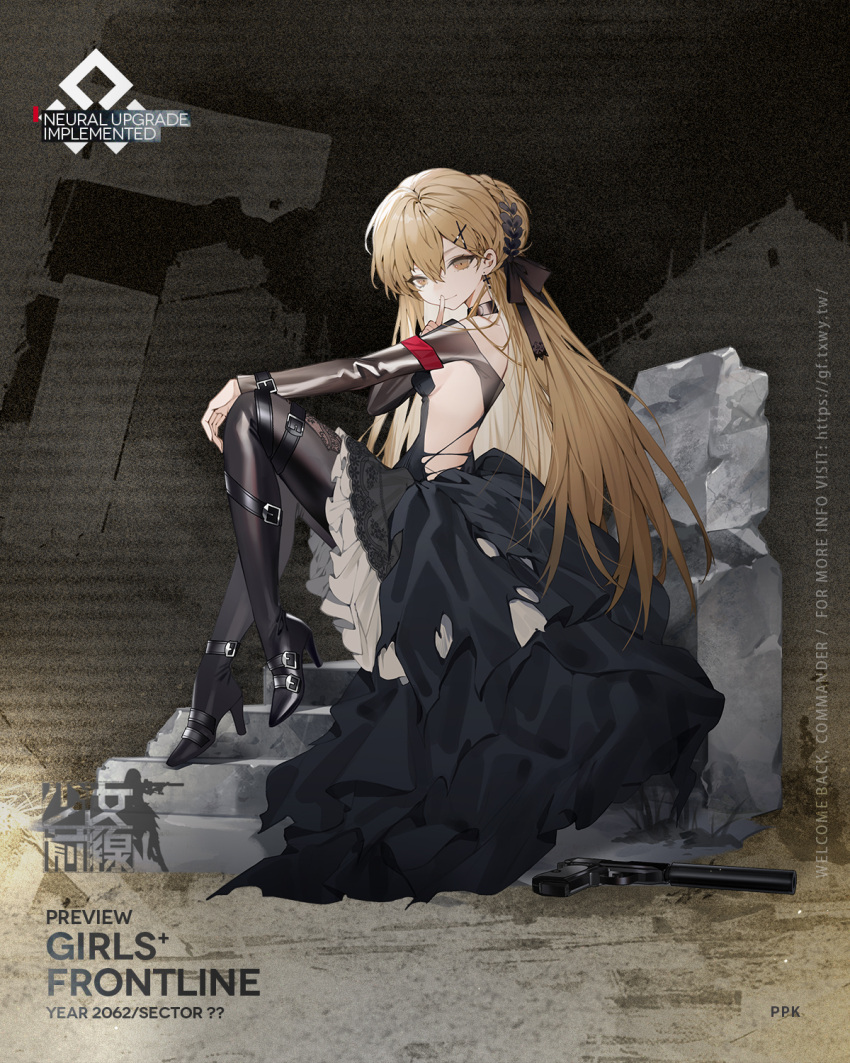 1girl artist_request bangs black_choker black_dress black_footwear bodystocking boots braid breasts character_name choker closed_mouth copyright_name cross cross_earrings dress earrings english_text eyebrows_visible_through_hair finger_to_mouth full_body girls_frontline gun hair_ornament hair_ribbon hairclip hand_on_own_knee handgun high_heel_boots high_heels highres jewelry light_brown_eyes light_brown_hair long_hair long_sleeves looking_at_viewer mod3_(girls'_frontline) official_art pistol ppk_(girls'_frontline) promotional_art ribbon shushing sideboob sitting sitting_on_stairs small_breasts solo stairs torn_clothes torn_dress very_long_hair walther walther_ppk weapon weapon_removed