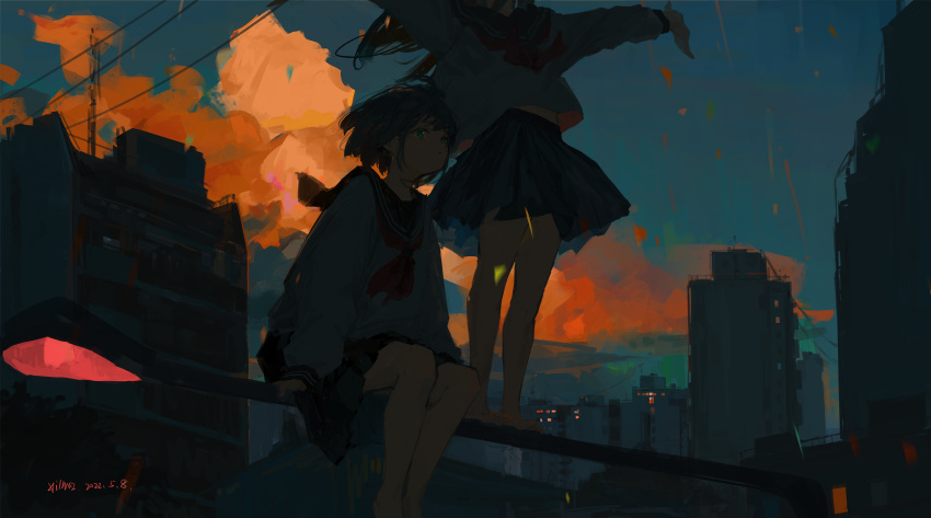 2girls aqua_eyes bangs bare_legs barefoot black_hair building city closed_mouth clouds dated evening highres lamppost long_hair long_sleeves multiple_girls neckerchief original outdoors outstretched_arms power_lines red_neckerchief sailor_collar scenery school_uniform serafuku short_hair signature sitting sky standing xilmo