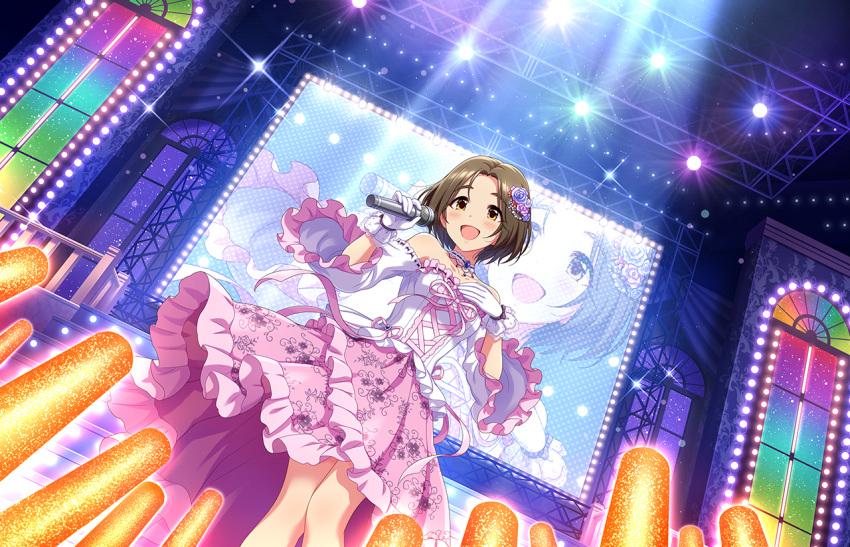 1girl :d bangs blush brown_hair cross-laced_dress display_board dress floral_print flower frilled_dress frills hair_flower hair_ornament holding holding_microphone idol idolmaster idolmaster_cinderella_girls idolmaster_cinderella_girls_starlight_stage light_stick looking_afar microphone music off-shoulder_dress off_shoulder official_art older parted_bangs print_dress short_hair singing smile solo sparkle spotlight stage two-tone_dress wide_sleeves yanase_miyuki zoom_layer