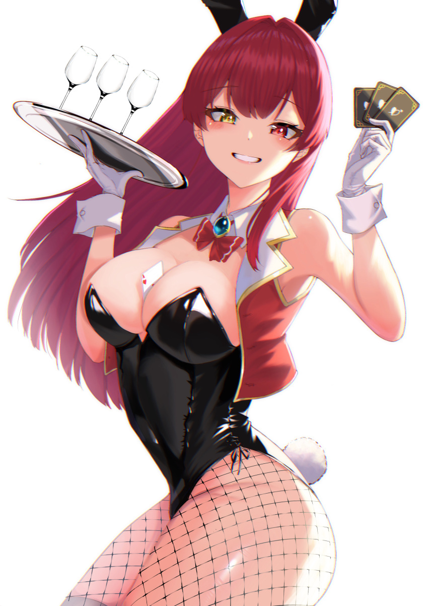 1girl absurdres alternate_costume between_breasts black_leotard bow bowtie breasts brooch card covered_navel cropped_vest cup detached_collar drinking_glass fishnet_legwear fishnets gloves grin hands_up heterochromia highres holding holding_card holding_tray hololive houshou_marine jewelry large_breasts leotard long_hair looking_at_viewer playboy_bunny playing_card rabbit_tail red_bow red_bowtie red_eyes redhead shooot108 simple_background smile solo straight_hair tail thighs tray vest virtual_youtuber white_background white_gloves wine_glass wrist_cuffs yellow_eyes